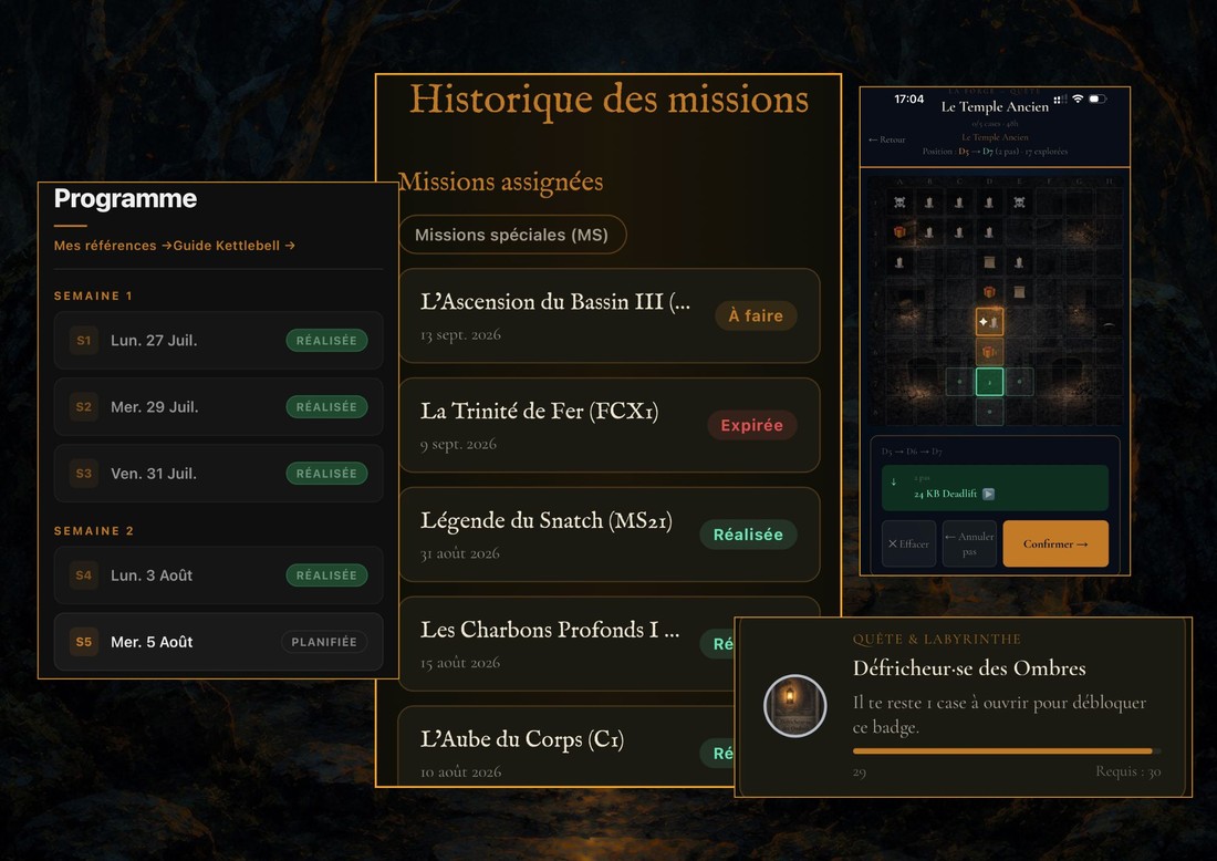 Historique des missions, programme de séances, carte Quête et progression de badge, La Forge