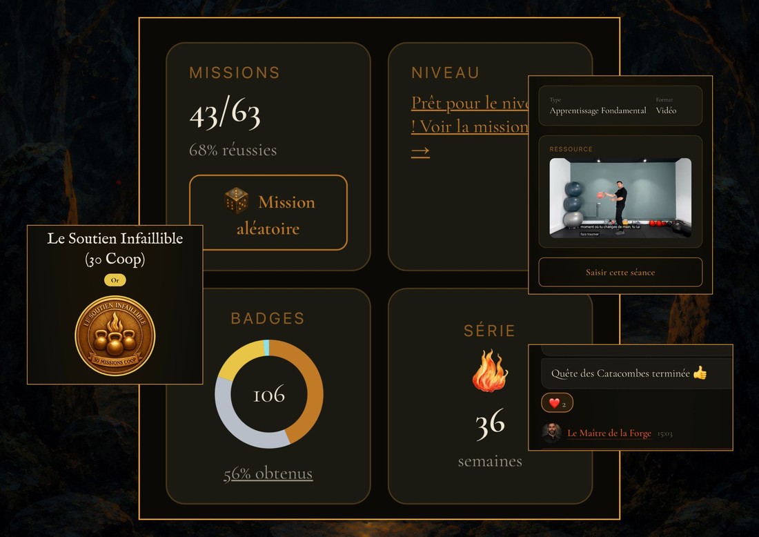 Tableau de bord missions, badge débloqué, ressource vidéo et échange dans le Chat de la Forge